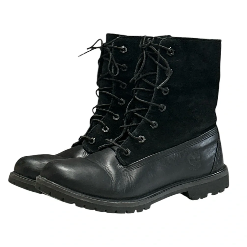 Timberland Black Leather Teddy Fleece Waterproof Fold Down Boots Lace Up Sz 9 - Picture 9 of 16